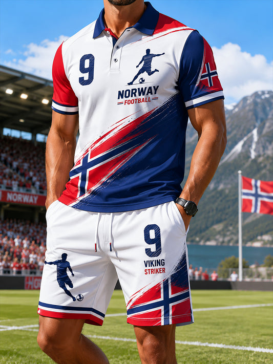 Herresæt med poloshirt og shorts med kort ærme og fodboldmotiv