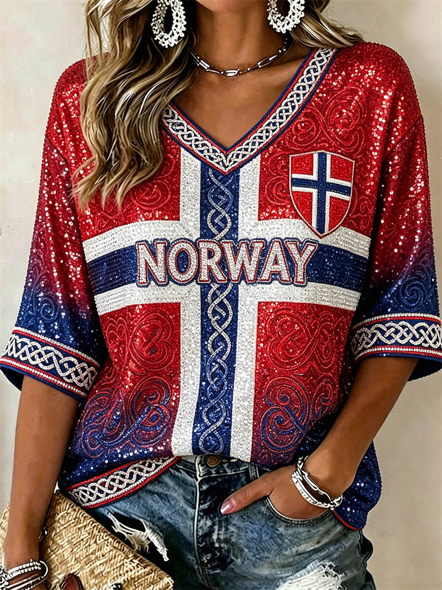Kvinders Norge Fodbold Viking Keltisk Knude Flag Gradient Glitter Print Mellemlange Ærmer V-udskæring T-shirt