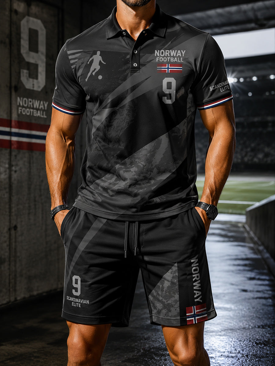 Herresæt med poloshirt og shorts med kort ærme og fodboldmotiv