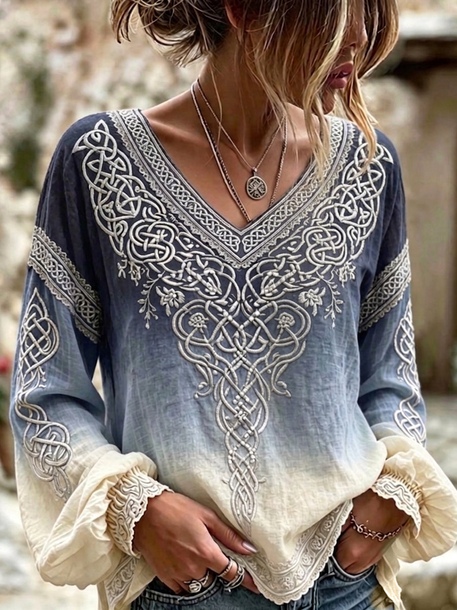 Kvinders Vintage Viking Celtic Print Gradient Cotton-Linen skjorte