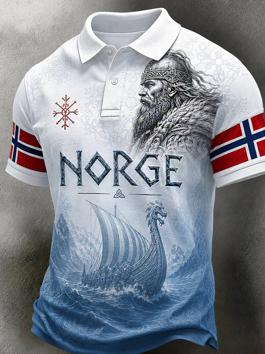Menns retro poloskjorte i nordisk stil med norsk kunsttrykk