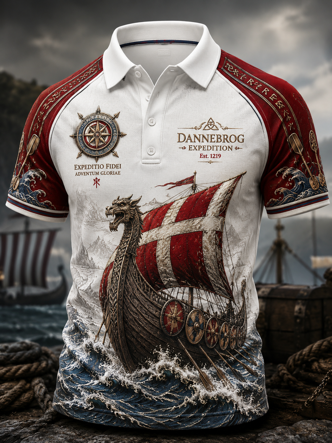 Mænds dansk vikingetid kunstprint poloshirt