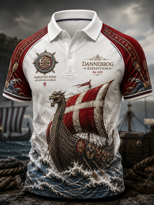 Mænds dansk vikingetid kunstprint poloshirt