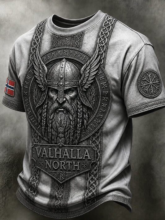 Herrerens retro t-skjorte i nordisk stil med norsk kunsttrykk