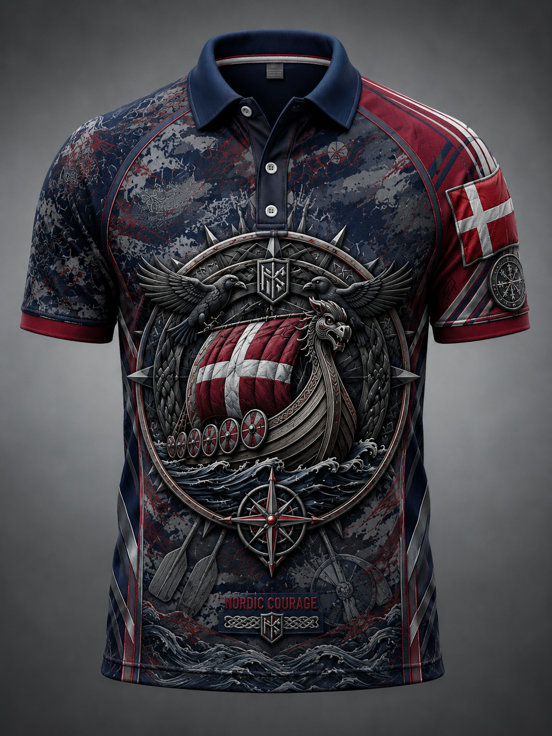 Mænds dansk vikingetid kunstprint poloshirt