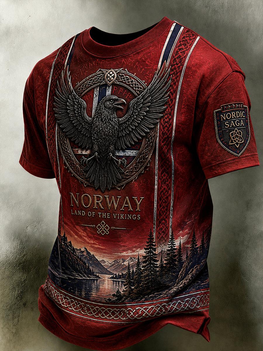Herrerens retro t-skjorte i nordisk stil med norsk kunsttrykk