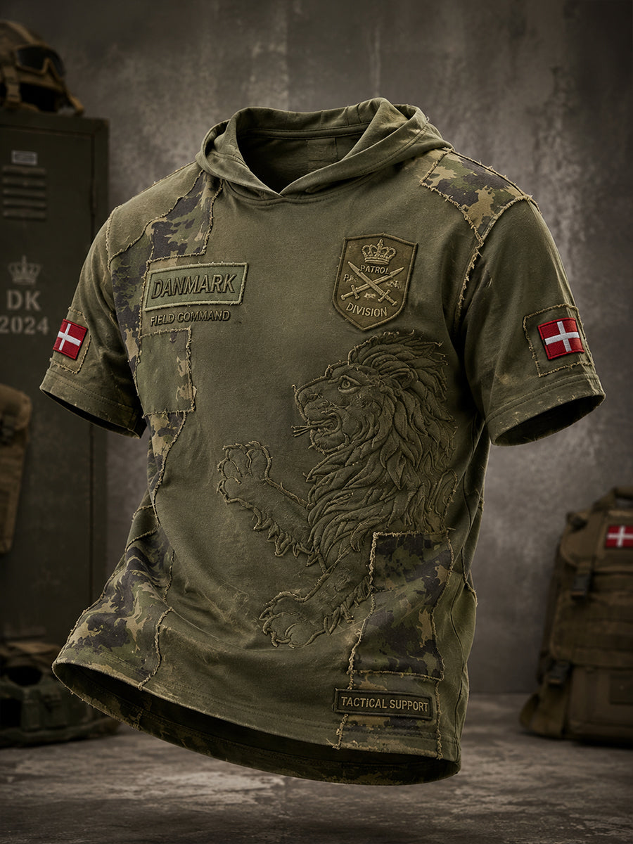 Mænds vintage militær camouflageprint hættetrøje med korte ærmer