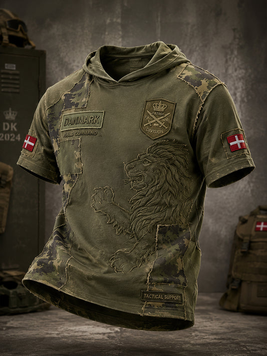 Mænds vintage militær camouflageprint hættetrøje med korte ærmer