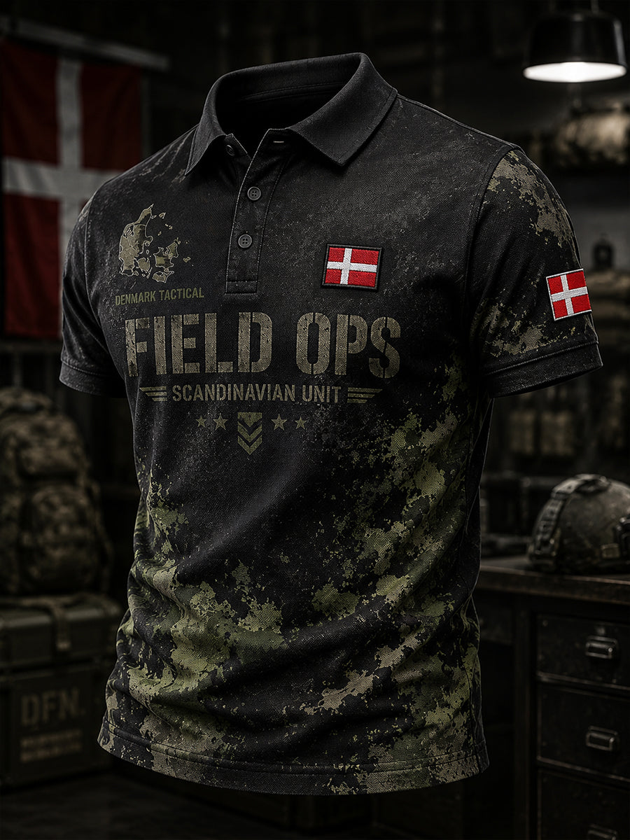 Mænds vintage militærpolo med camouflageprint og korte ærmer