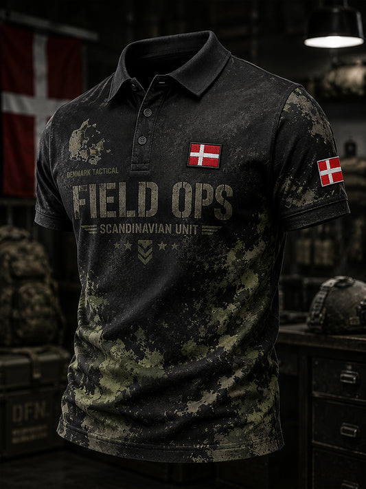 Mænds vintage militærpolo med camouflageprint og korte ærmer