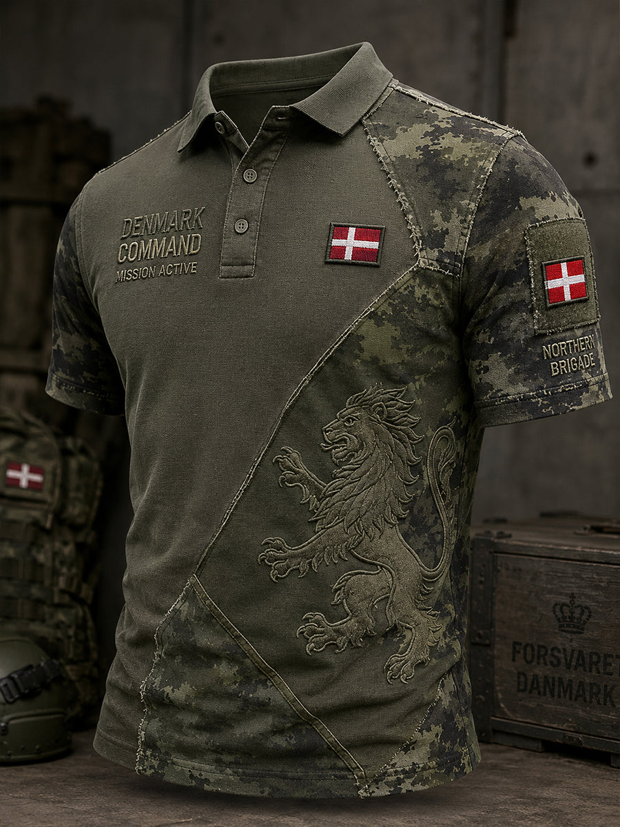 Mænds vintage militærpolo med camouflageprint og korte ærmer