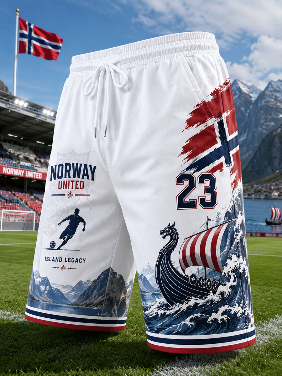 Herre shorts med viking- og fotballmotiv, egnet for idrett
