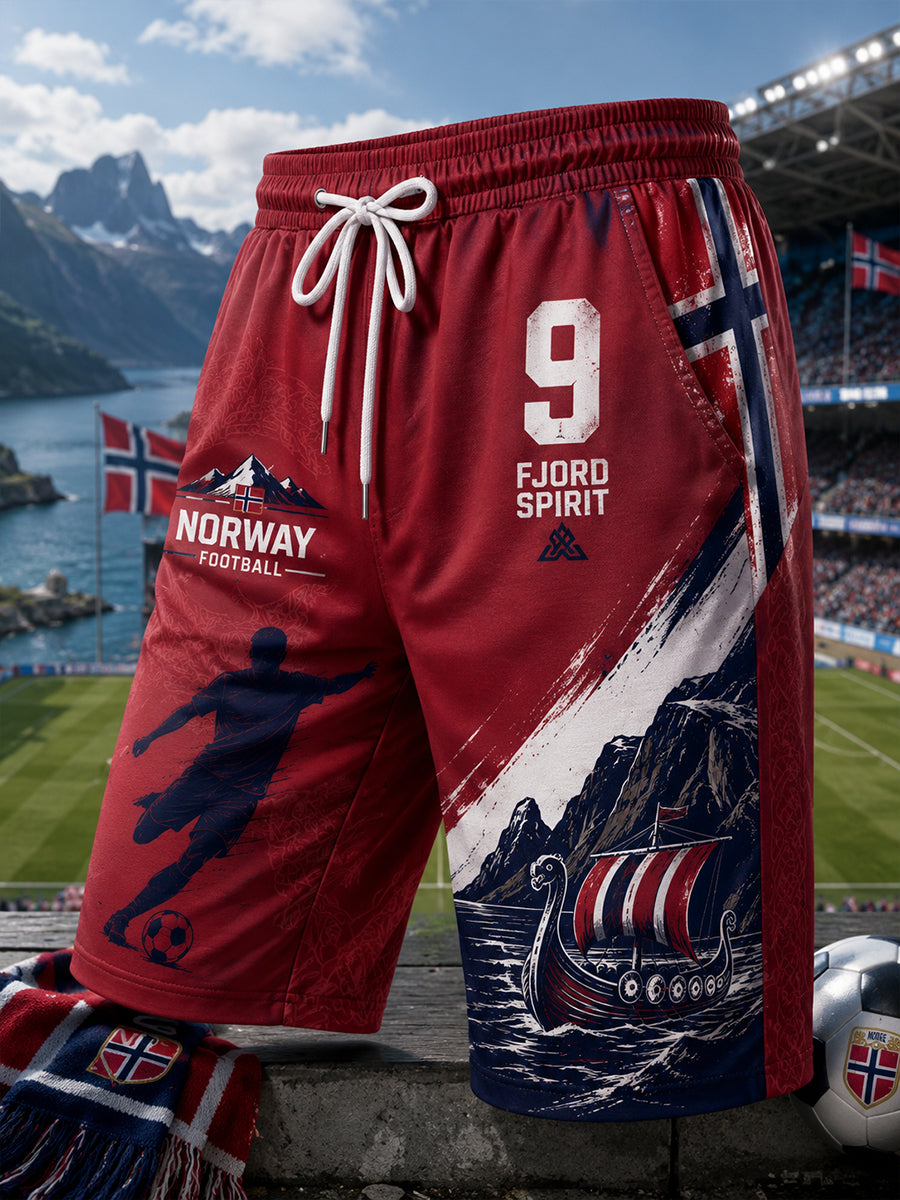 Herre shorts med viking- og fotballmotiv, egnet for idrett