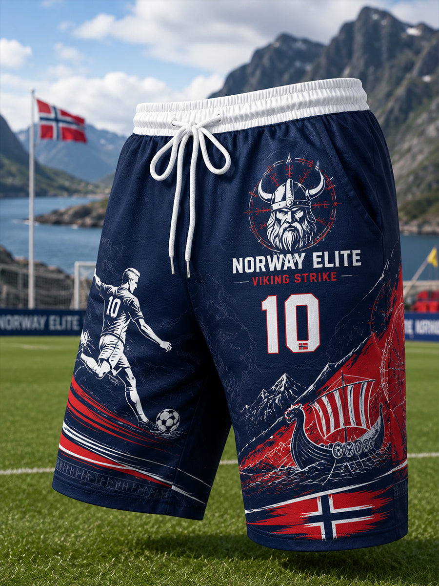 Herre shorts med viking- og fotballmotiv, egnet for idrett