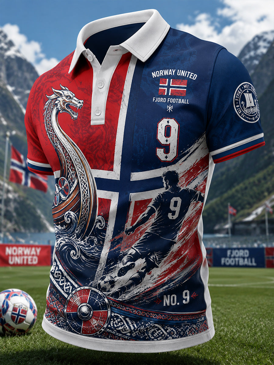 Polo-skjorte med korte ermer for menn, med trykk inspirert av vikinger og fotball