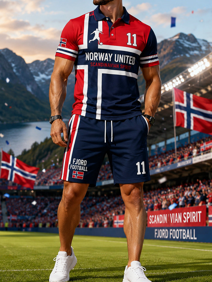 Herresett med poloskjorte med viking- og fotballmotiv og kortermet design