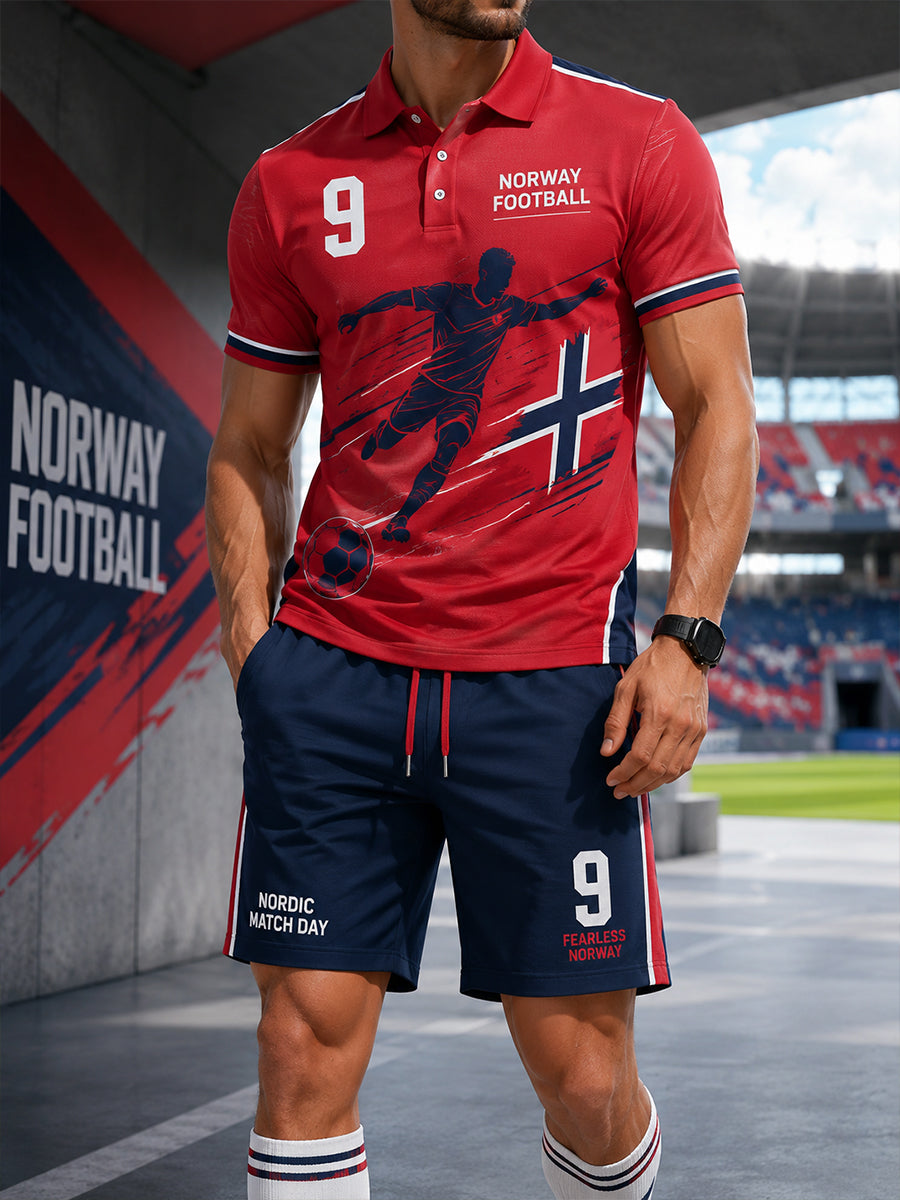 Herresett med poloskjorte med viking- og fotballmotiv og kortermet design