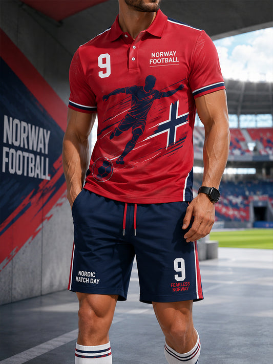 Herresett med poloskjorte med viking- og fotballmotiv og kortermet design