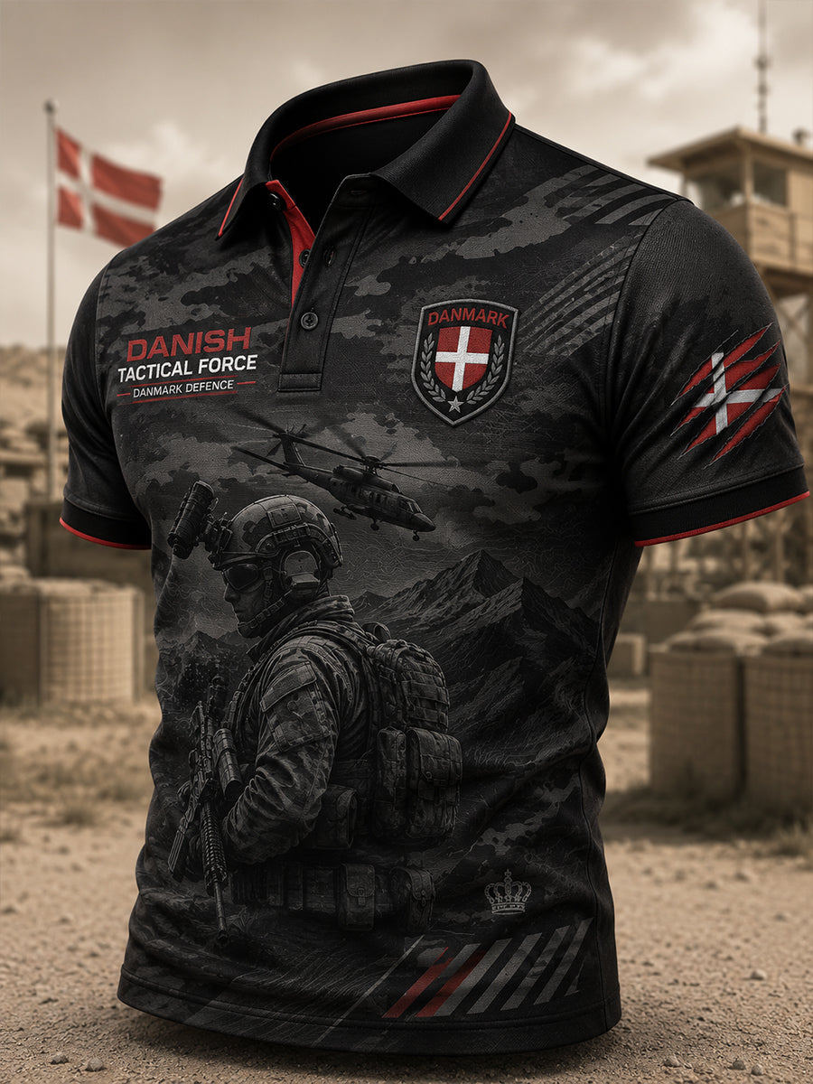 Polo-skjorte til mænd med korte ærmer, slidt camouflage og militærstilprints