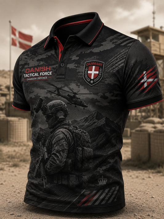 Polo-skjorte til mænd med korte ærmer, slidt camouflage og militærstilprints
