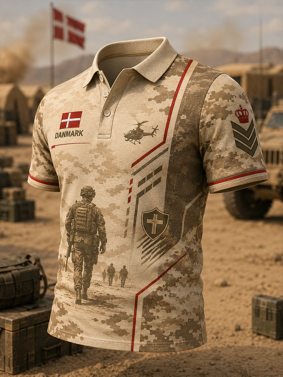 Polo-skjorte til mænd med korte ærmer, slidt camouflage og militærstilprints