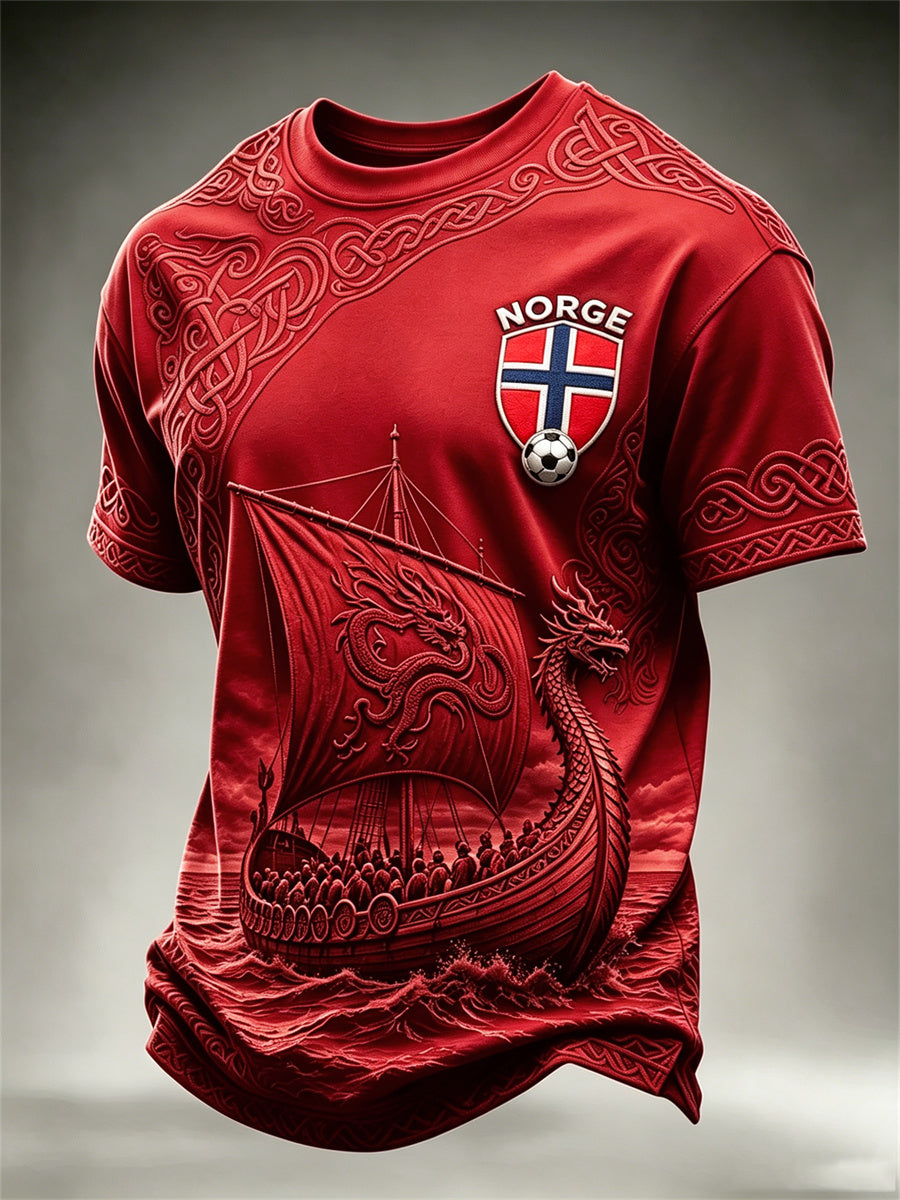 Herrer Norge fotball vikingskip keltisk knute print t-skjorte med kort ermer
