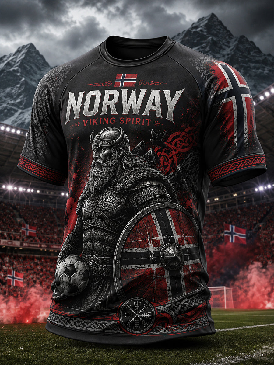 Herrers raglanskjorte med viking- og fotballmotiv, kortermet t-skjorte