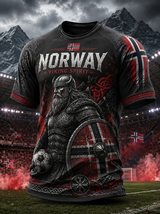 Herrers raglanskjorte med viking- og fotballmotiv, kortermet t-skjorte