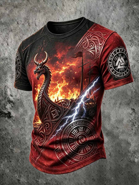 Mænds retro vikingedragehovedskib print t-shirt