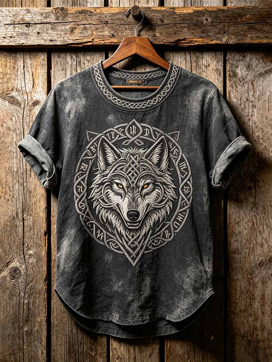 Mænds Vintage Viking Celtic Knud Wolf Mønster trykt T-shirt