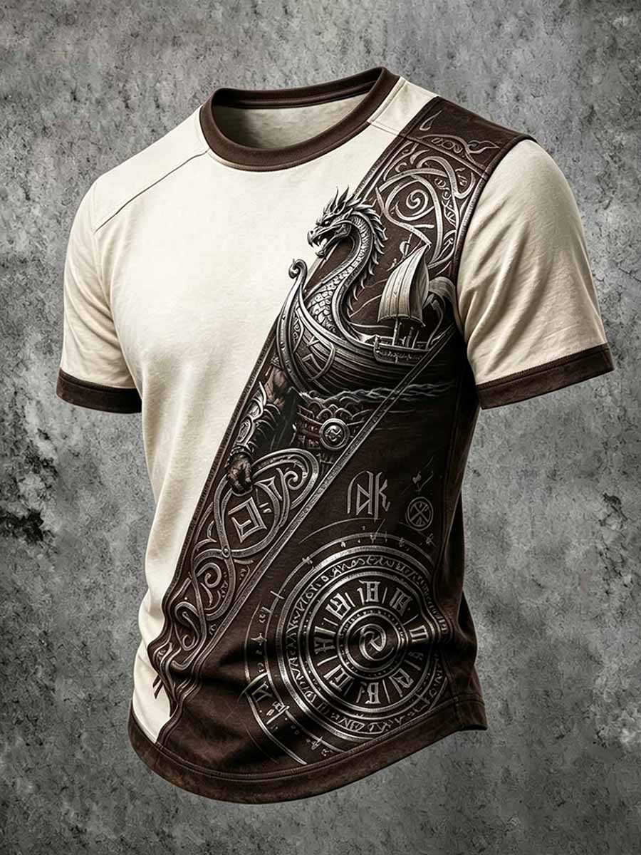 Mænds Retro Viking Drage hovedskib Print T-shirt