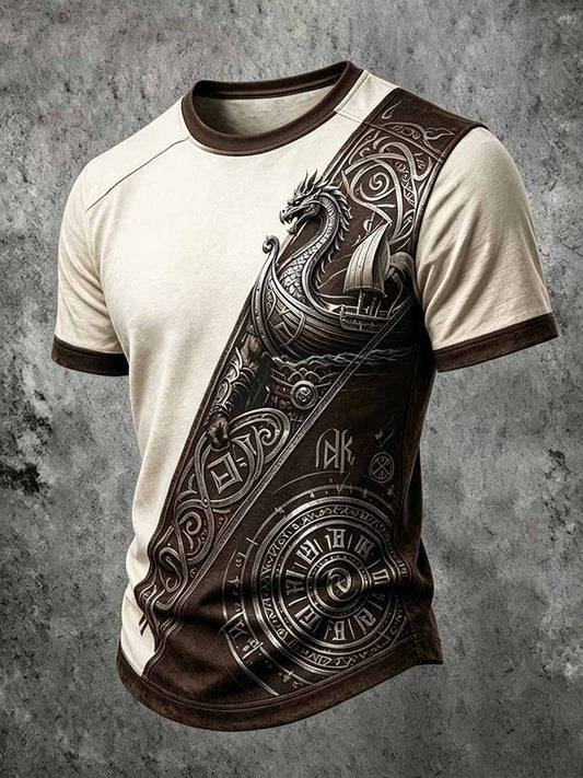 Mænds Retro Viking Drage hovedskib Print T-shirt