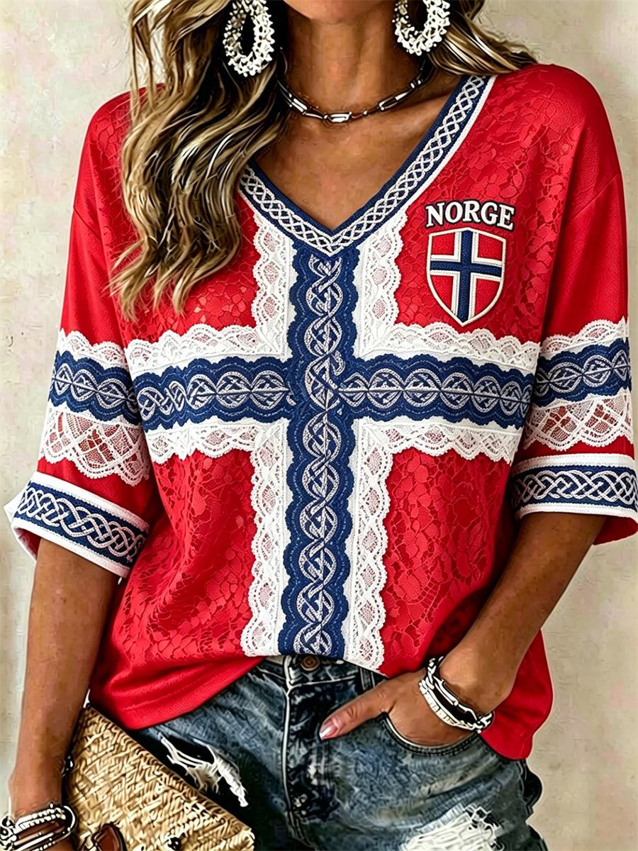 Kvinneres fotballflagge Inspirert blondekunst Skriv ut midt lengde ermer V-hals T-shirt