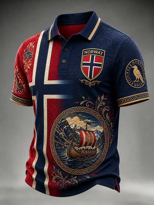 Vintage-stil norsk vikingScandinavianNordisk kunst Print Casual Polo Skjort