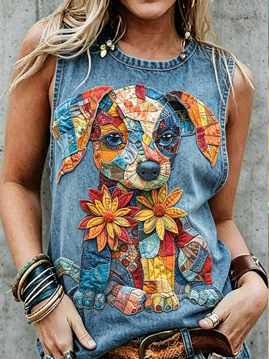 Kvinders retro dyre- og hundetryk ærmeløs tanktop