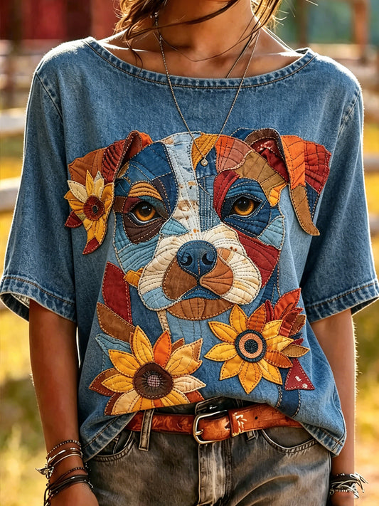 Damebluse med dyr og hundetryk, vintage, moderigtig, løs pasform, kortærmet T-shirt