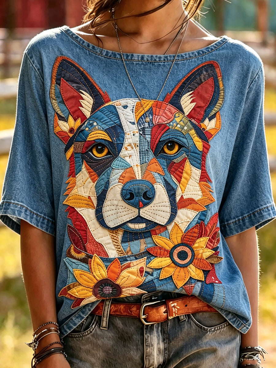 Kvinders dyrhund Trykket Vintage Fashion Loose korte ærme T-shirt