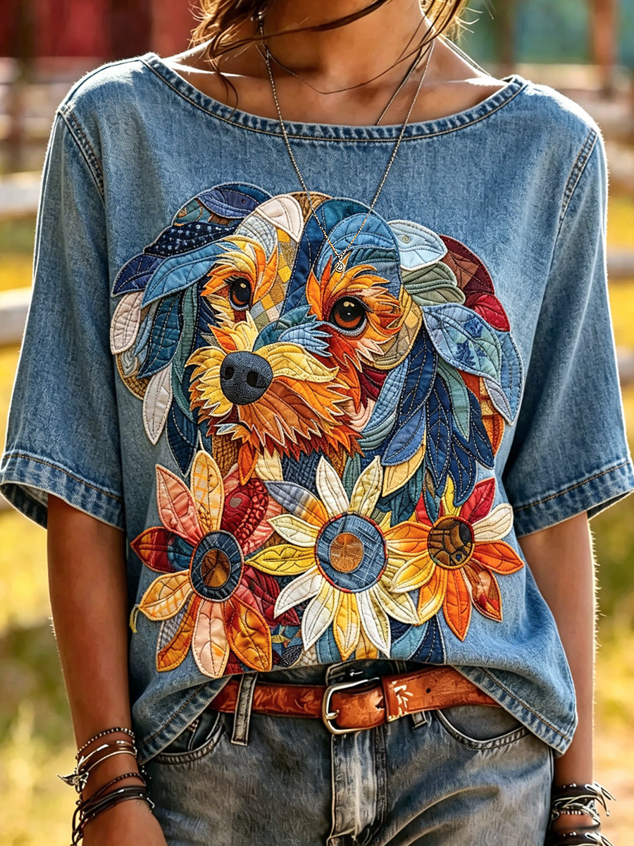 Kvinder Dyr Hund Trykket Vintage Fashion Loose korte ærme T-shirt