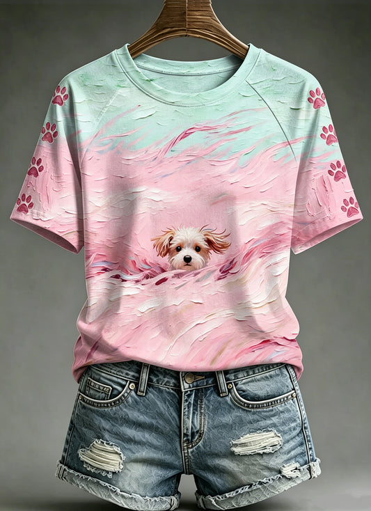 Kvinders Oliemaleri Dyr Hund trykket Vintage Fashion Loose korte ærme T-shirt