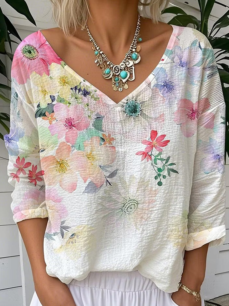 Kvinders vintage blomsterkunstprint bomuldslinned afslappet top