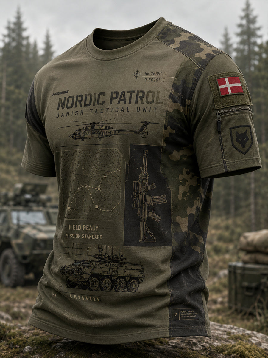 Mænds t-shirt med korte ærmer og camouflage- og militærprint