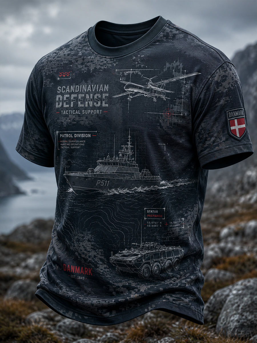 Mænds kortærme T-shirt med camouflage og militær-stil fingeraftryk