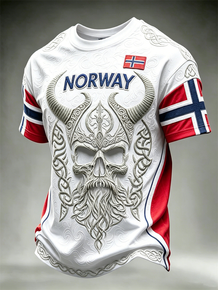 Menns Norge Viking kriger Skull Celtic Knot Flag Skriv ut korte ermer t-skjorte