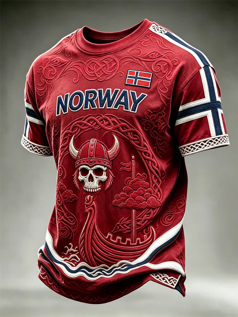 Menns Norge Viking Warrior Skull & Ship Celtic Knott Flag Skriv ut korte ermer t-skjorte