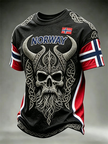 Menns Norge Viking kriger Skull Celtic Knot Flag Skriv ut korte ermer t-skjorte