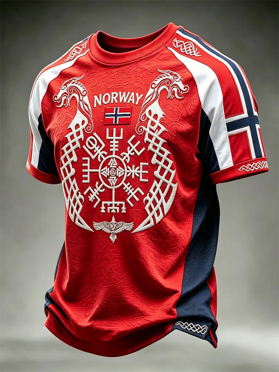 Menns Norge Seier eller Valhalla Viking Vegvisir Celtic Knot Flag Fargeblock Skriv korte ermer t-skjorte t