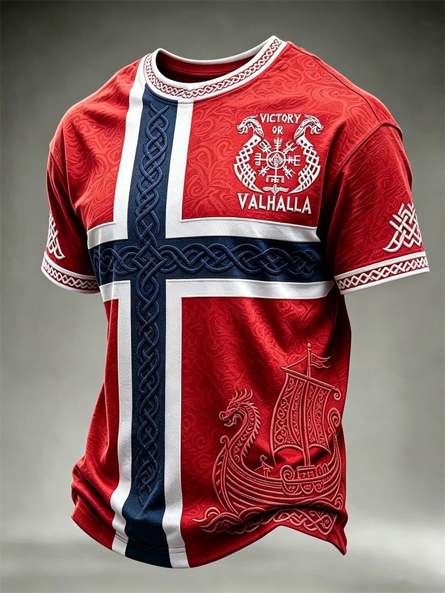 Herrens Norge Seier eller Valhalla Viking skip Celtic Knott Flag Skriv ut korte ermer t-skjorte