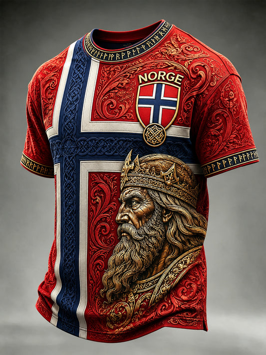 Uformelt T-skjorte med vintage norsk viking- og skandinavisk folkekunsttrykk