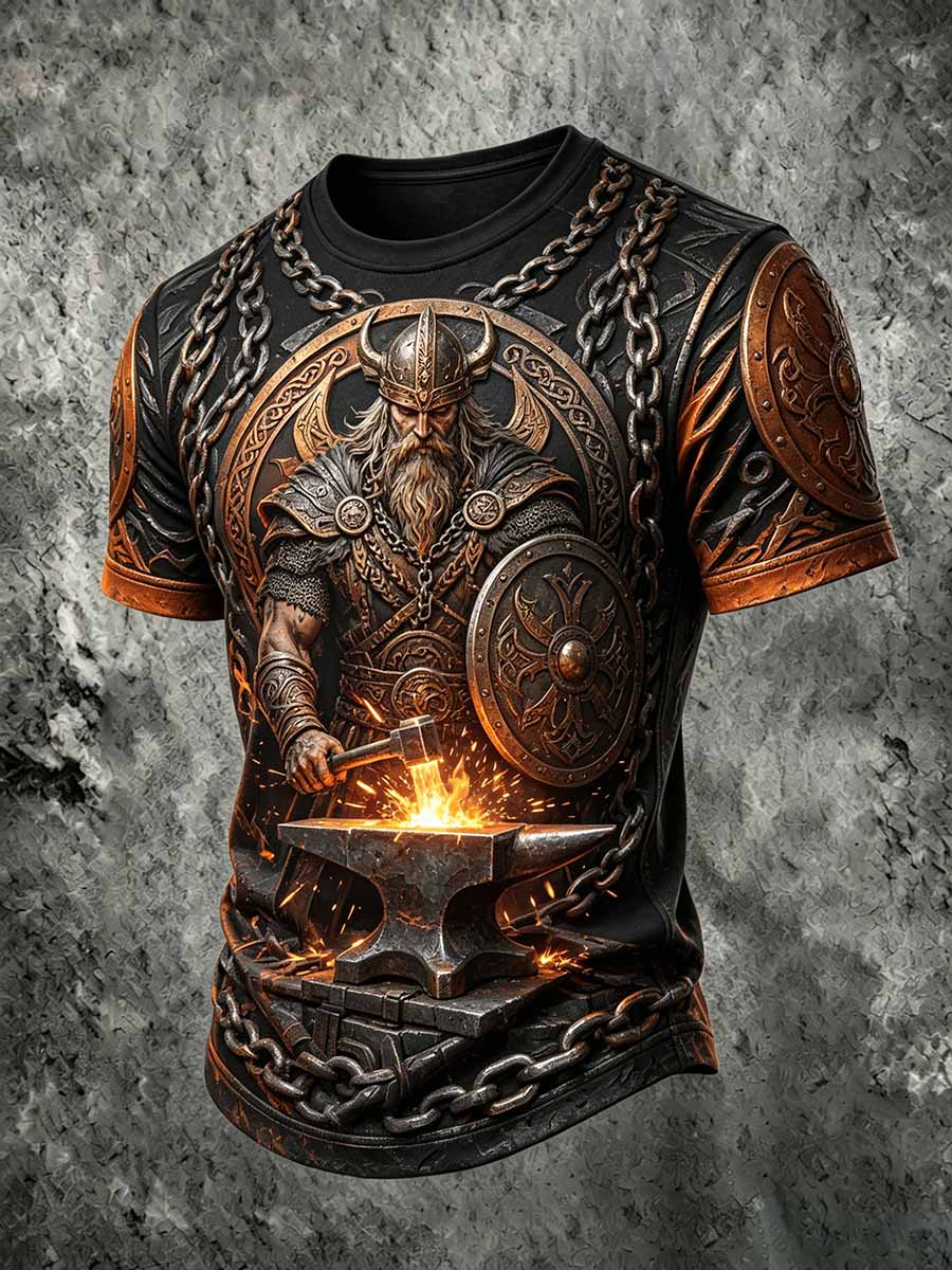 Menns kult retro vikingkriger-print i hverdagst-skjorte