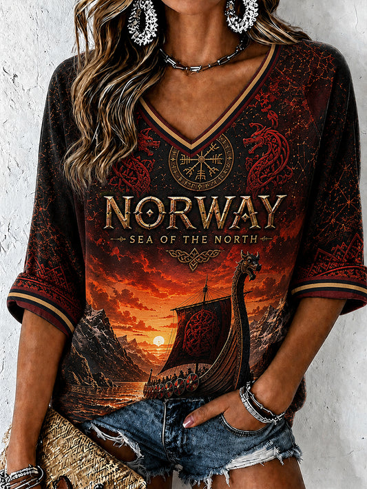Retro norsk viking skandinavisk folkemotivtrykk avslappet topp